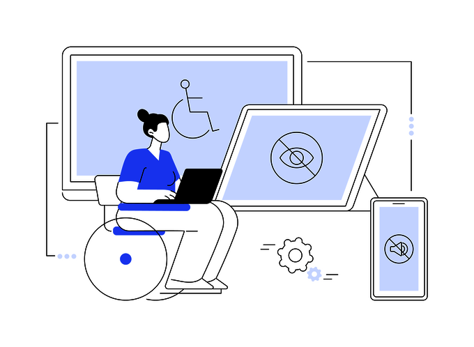 Vektor-Illustration mit einer Frau im Rollstuhl mit Laptop auf Schoß, im Hintergrund verschiedene Bildschirme